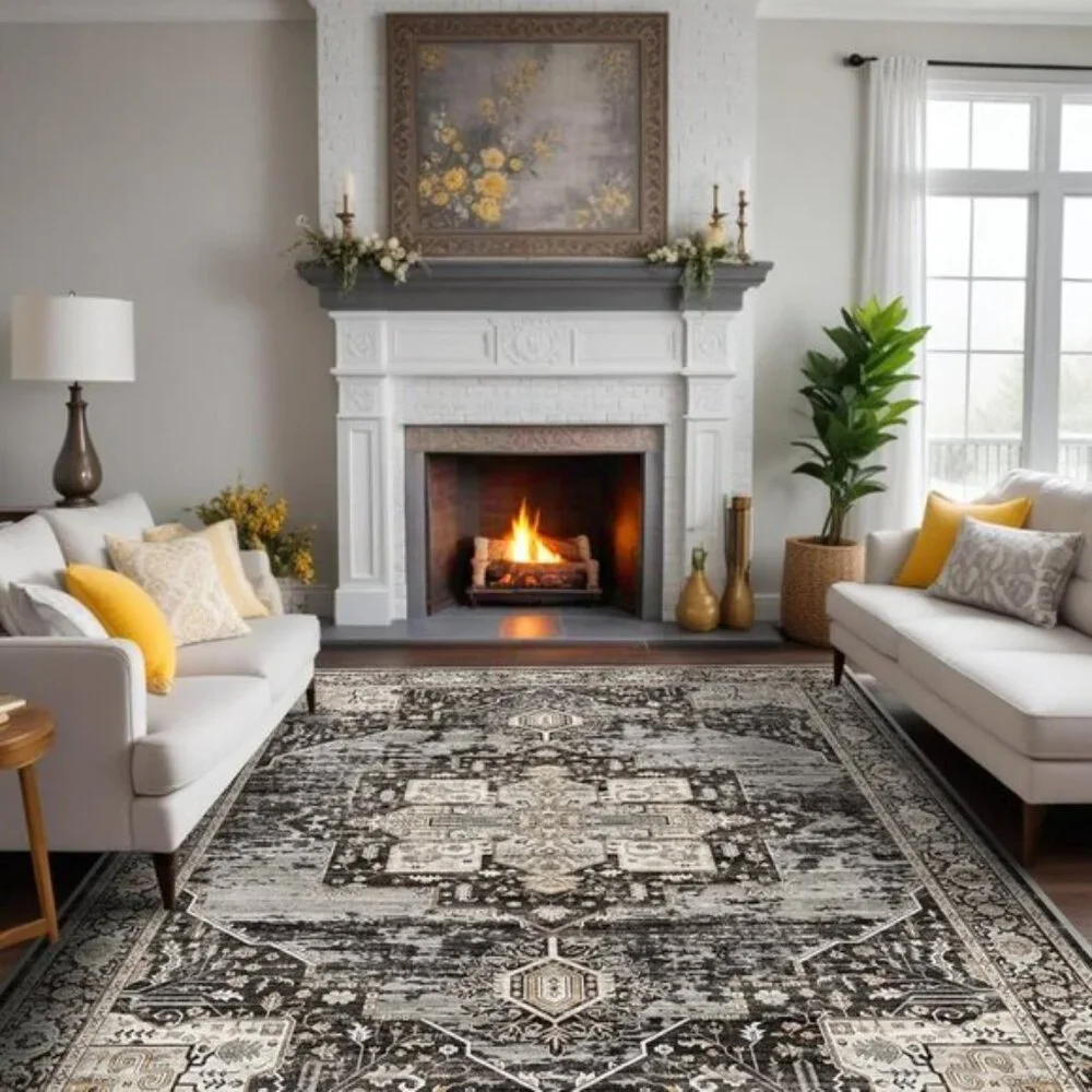 New 8x10 Black Vintage Rug, Washable Stain-Resistant Non-Slip Carpet for Home